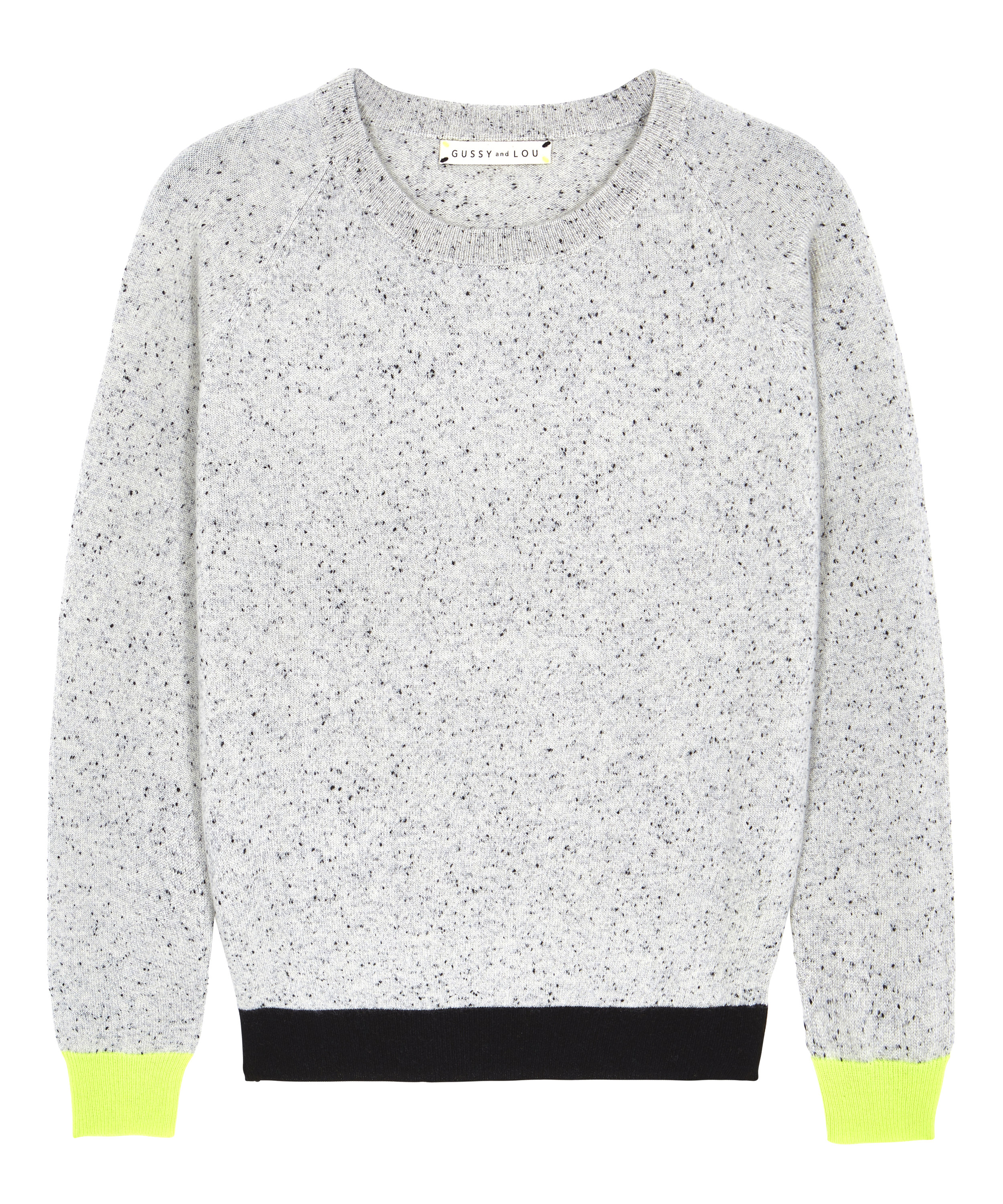 Ladies Black Fleck with Neon Yellow Cashmere Jumper — Gussy and Lou Ladies Black Fleck with Neon Yellow Cashmere Jumper — Gussy and Lou